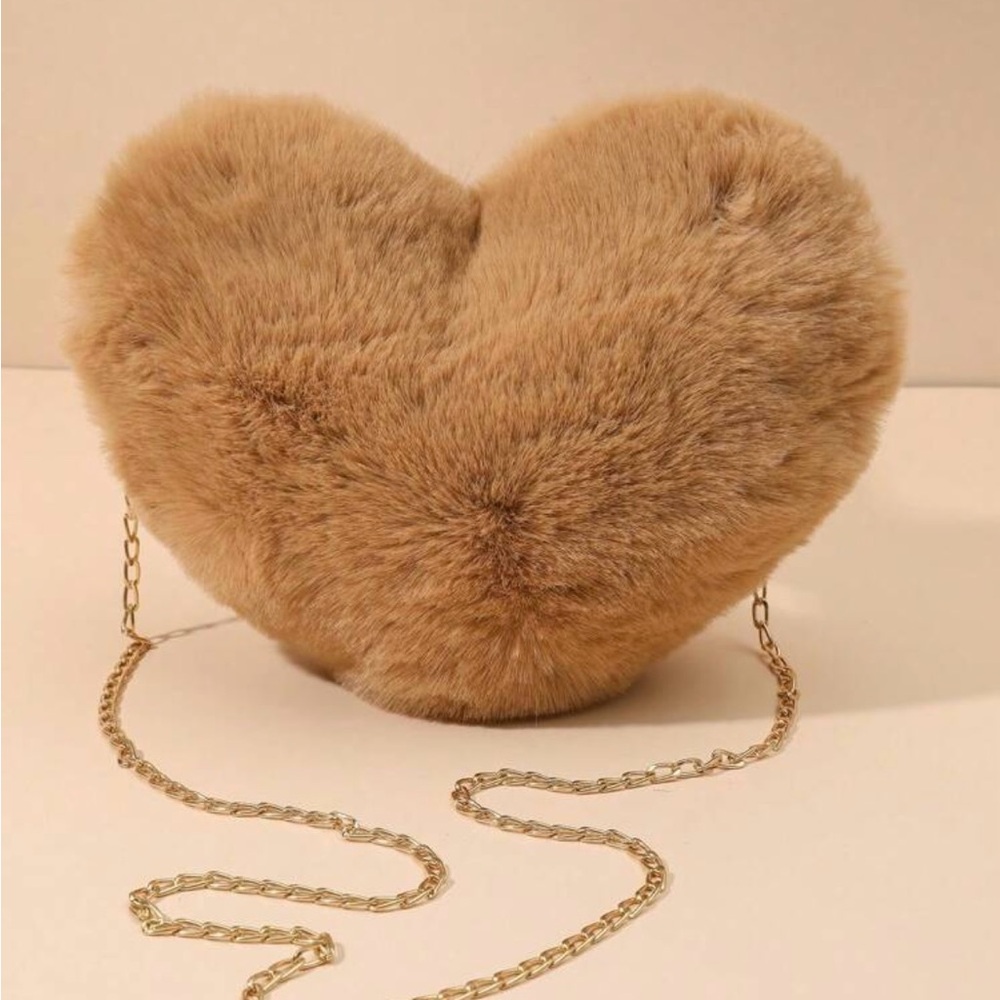 Tan Heart-Shaped Clutch with Gold Chain